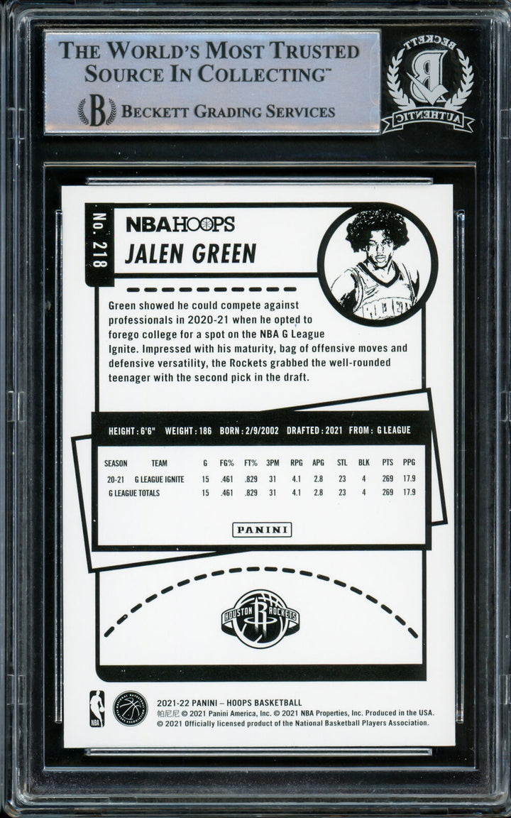 Jalen Green Autographed 2021-22 NBA Hoops Purple RC Rockets Beckett 14231676 Image 2