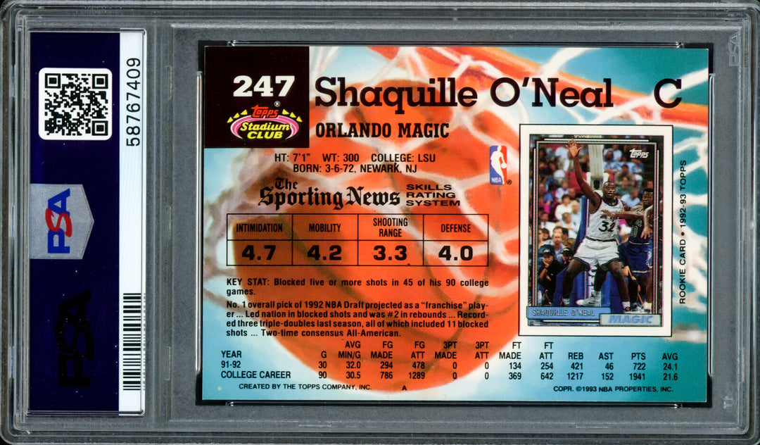 SHAQUILLE SHAQ O'NEAL 1992 STADIUM RC MAGIC GEM 10 AUTO PSA/DNA 207361 Image 2