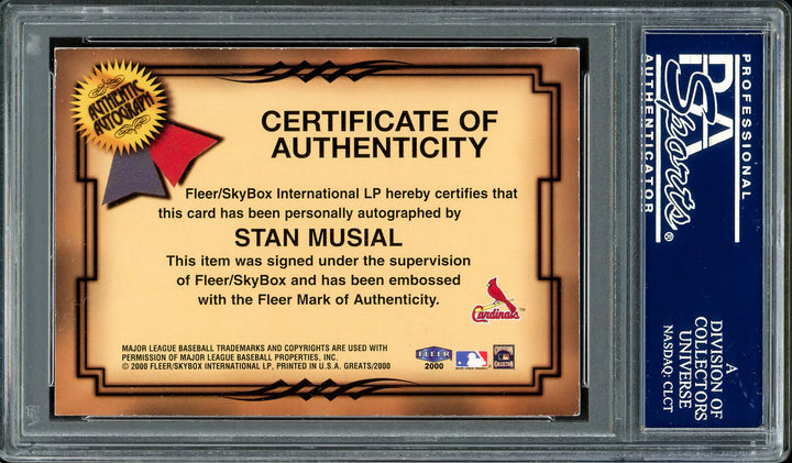 Stan Musial Autographed 2000 Fleer Greats Card Cardinals PSA/DNA #83512904 Image 2