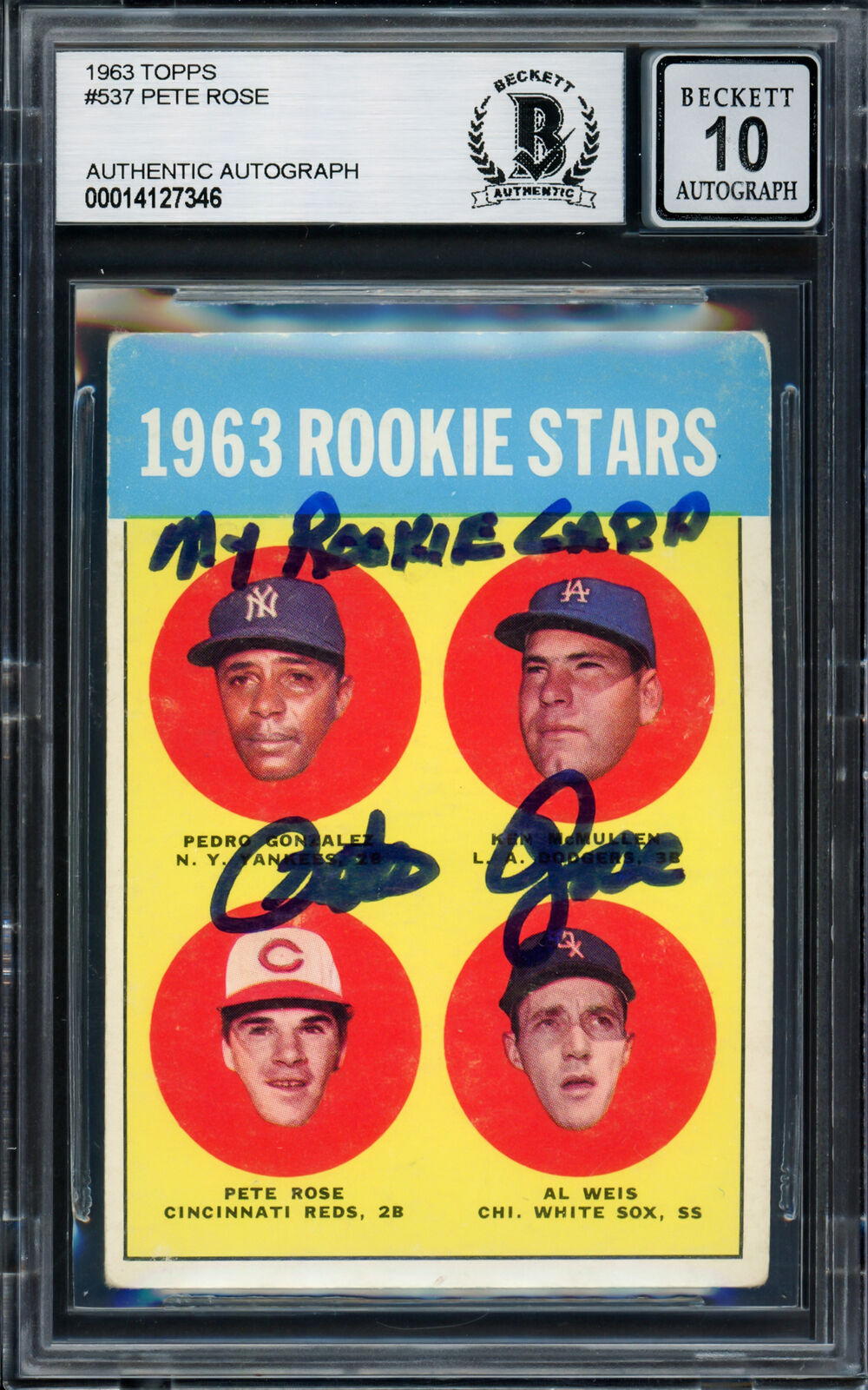 Pete Rose Autographed 1963 Topps RC Reds Gem 10 Auto My RC Beckett 14127346 Image 1