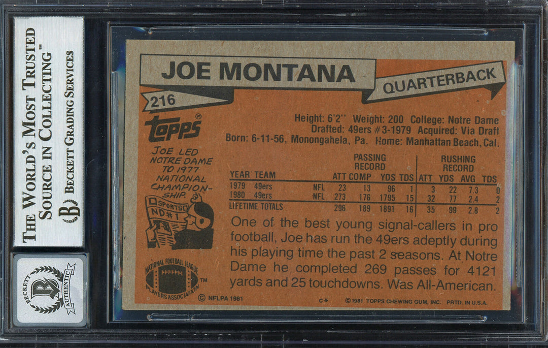 Joe Montana Autographed Signed 1981 Topps RC 49ers Gem 10 Auto Beckett 12744000 Image 2