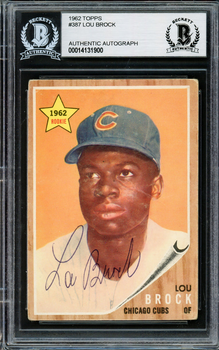 Lou Brock Autographed 1962 Topps Rookie Card #387 Cubs Vintage Beckett #14131900 Image 1