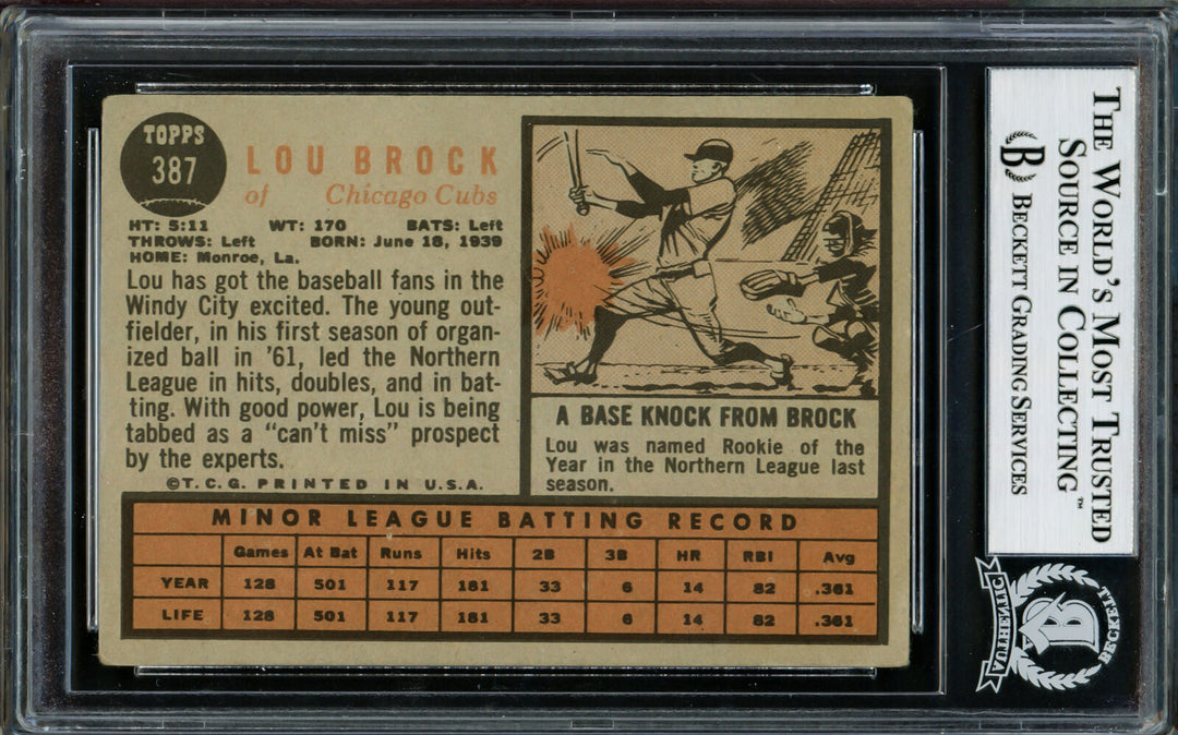 Lou Brock Autographed 1962 Topps Rookie Card #387 Cubs Vintage Beckett #14131900 Image 2
