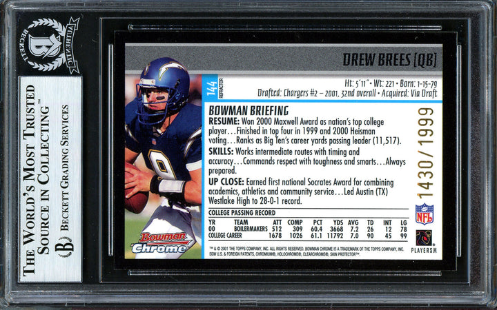 Drew Brees Auto 2001 Bowman Chrome Refractor RC Chargers 1430/1999 Beckett Image 2