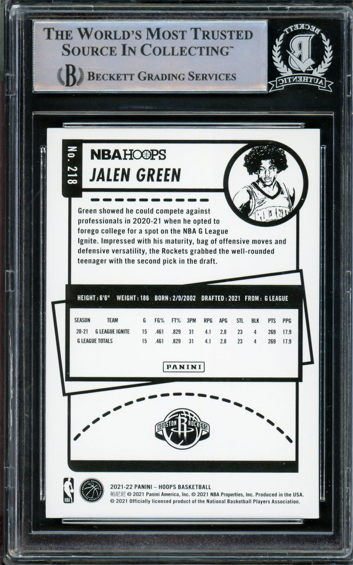 Jalen Green Autographed 2021-22 NBA Hoops Blue RC Rockets Beckett 14231677 Image 2