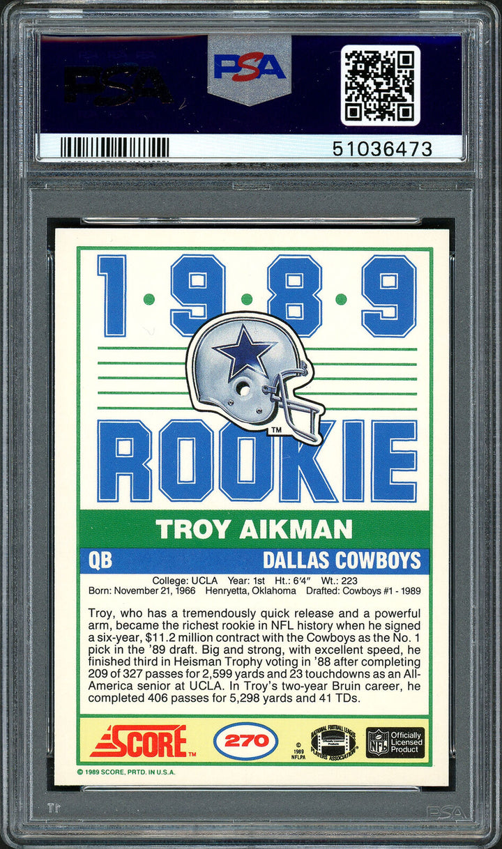 Troy Aikman 1989 Score Card #270 Dallas Cowboys PSA 10 #51036473 Image 5