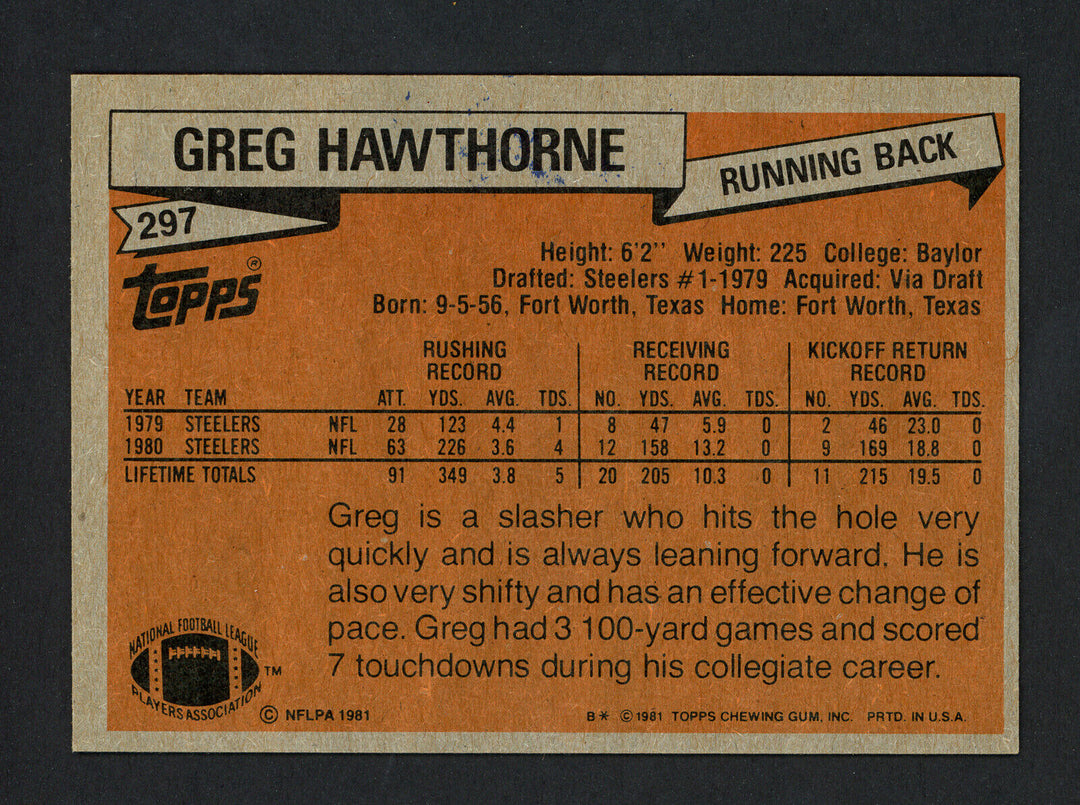Greg Hawthorne Autographed Signed 1981 Topps Rookie Card #297 Steelers 160276 Image 2