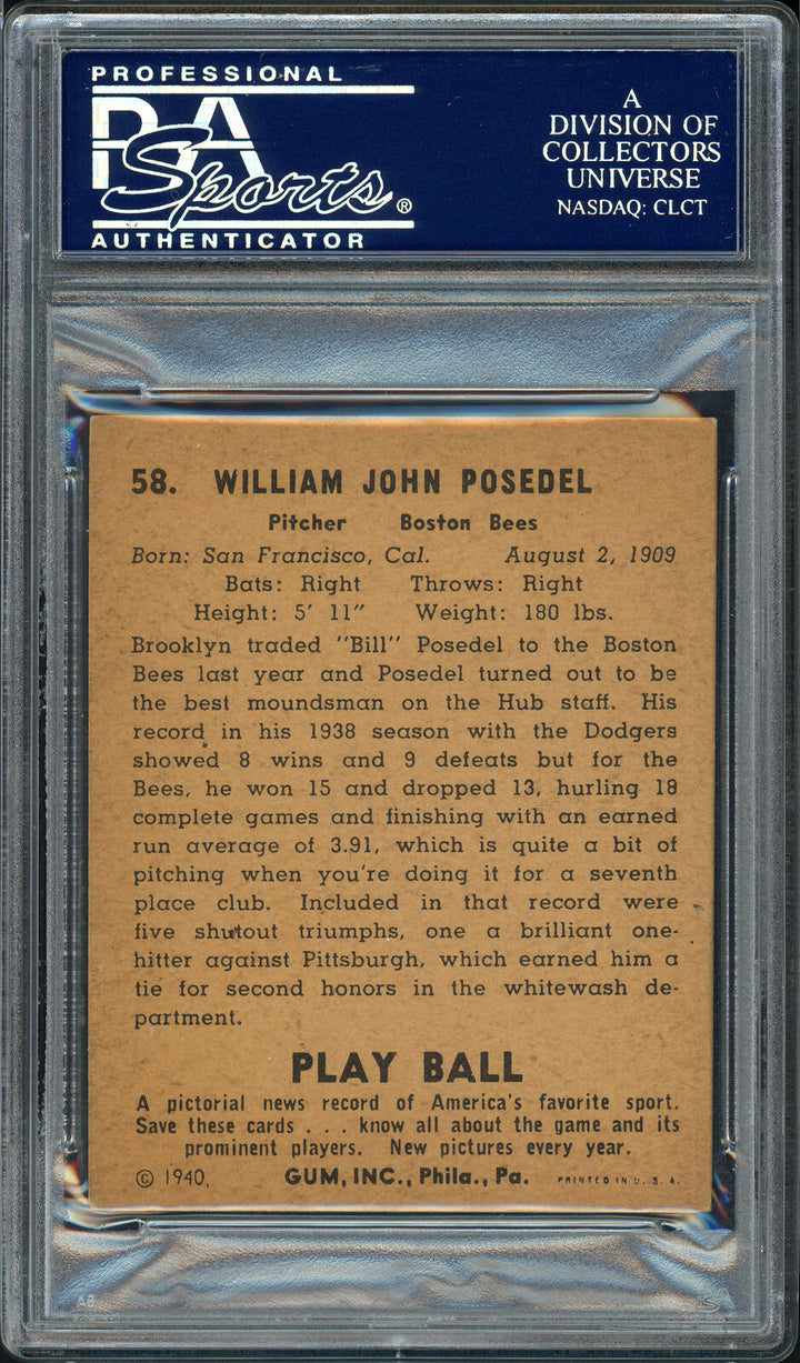 Bill Posedel Autographed 1940 Play Ball Card #58 Boston Braves PSA/DNA 83986433 Image 2