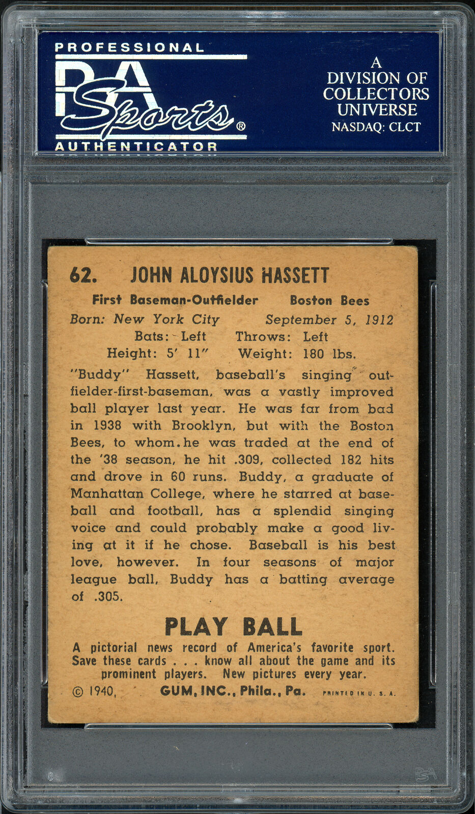 Buddy Hassett Autographed 1940 Play Ball Card #62 Boston Bees PSA/DNA 83986436 Image 3