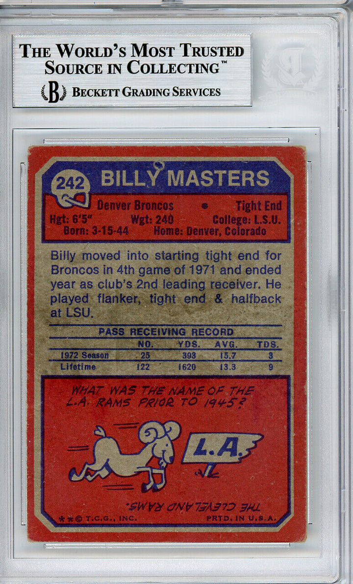 Billy Masters Autographed 1973 Topps Rookie Card #252 Broncos Beckett 10540359 Image 2