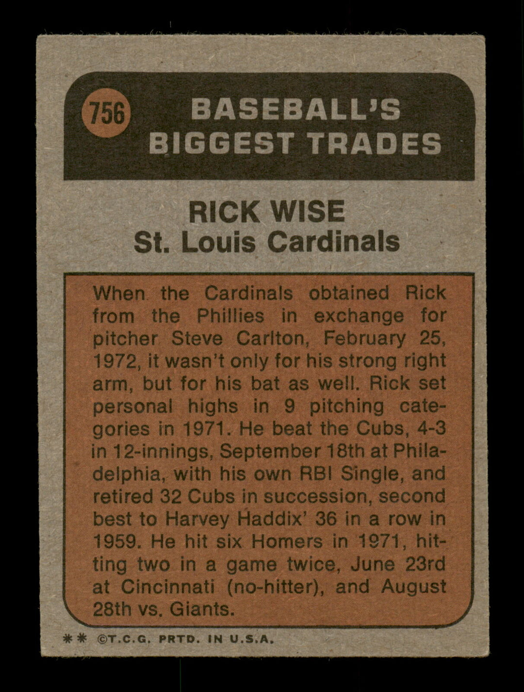 Rick Wise Autographed 1972 Topps Card #756 St. Louis Cardinals Traded 204260 Image 3