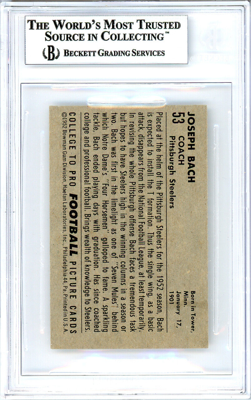 Joe Bach Autographed 1952 Bowman Small Card #53 Steelers Coach Beckett 10736554 Image 4