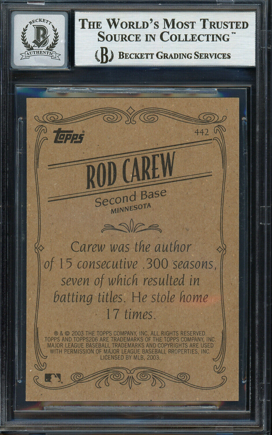 Rod Carew Autographed 2003 Topps 206 Card #442 Gem 10 Auto Beckett 12751723 Image 2