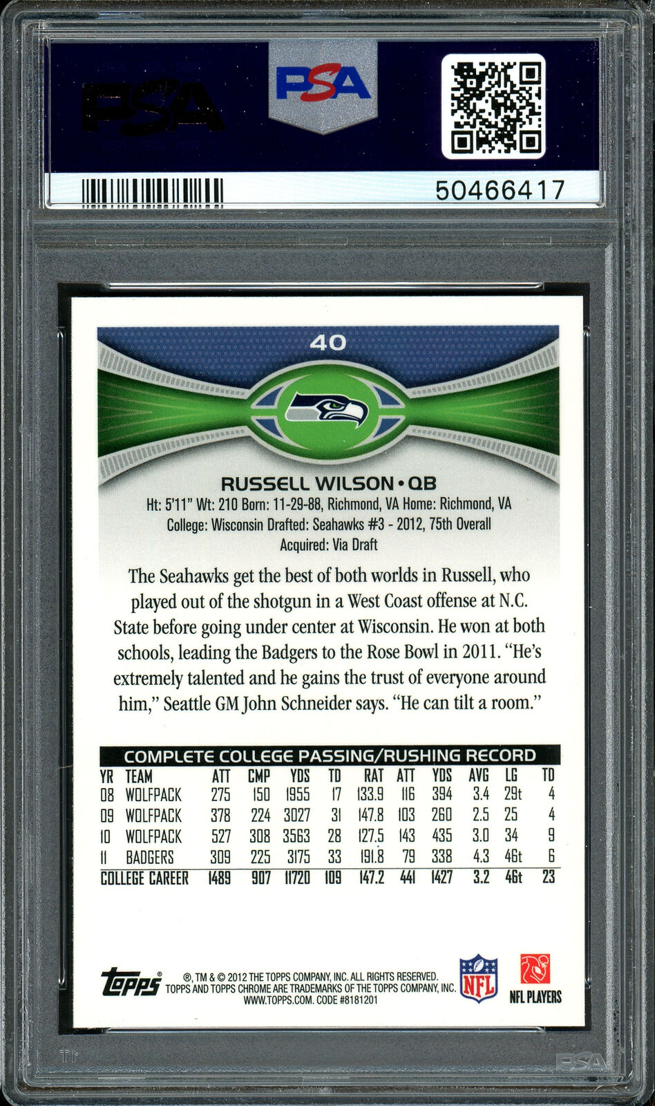 Russell Wilson Autographed Signed 2012 Topps Chrome RC PSA 9 Auto 9 50466417 Image 3