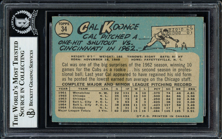 Cal Koonce Autographed Signed 1965 Topps Card #34 Cubs Beckett 11493406 Image 2