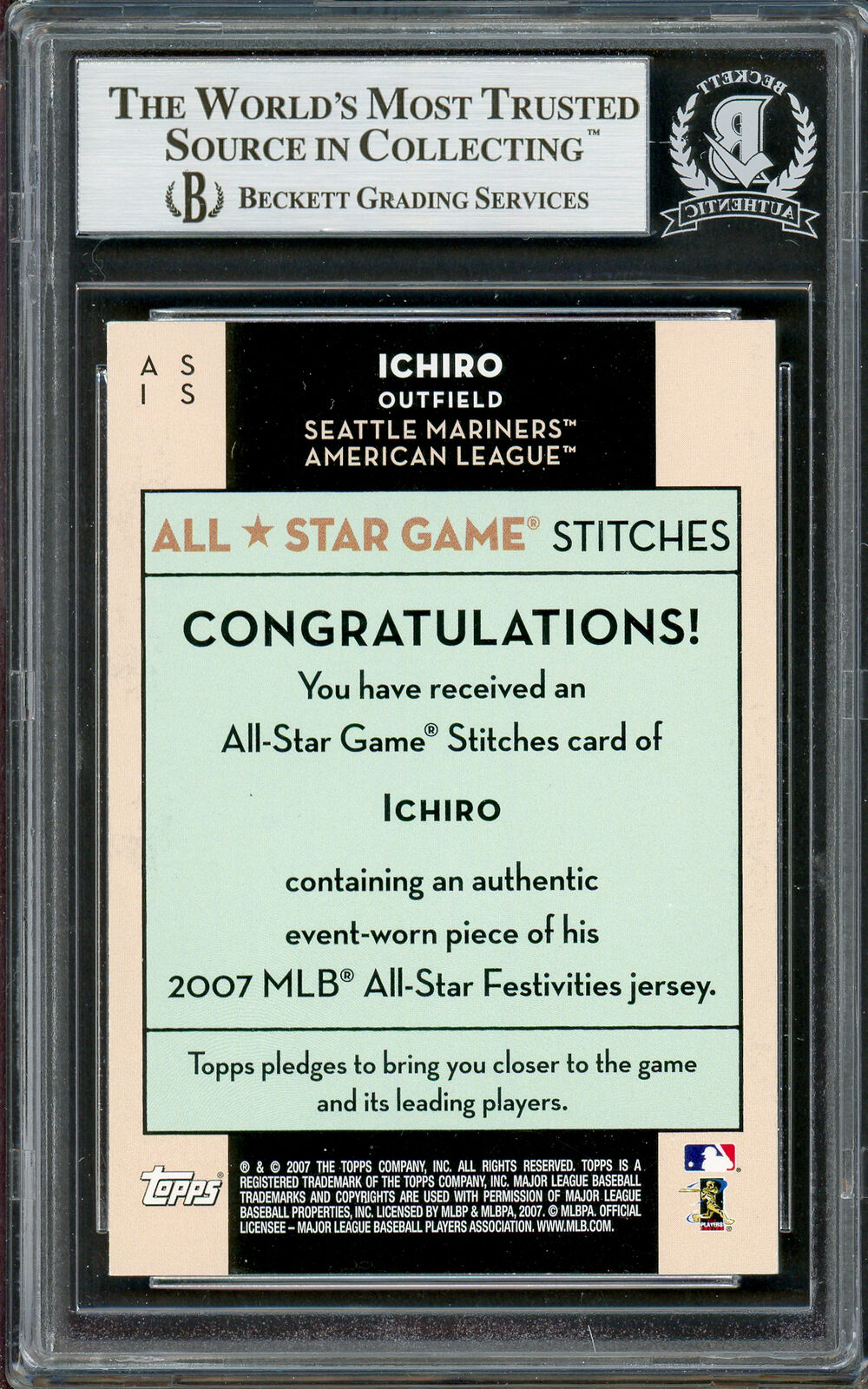 Ichiro Suzuki Auto 2007 Topps Game Worn Jersey Card IS Beckett 12786000 Image 2