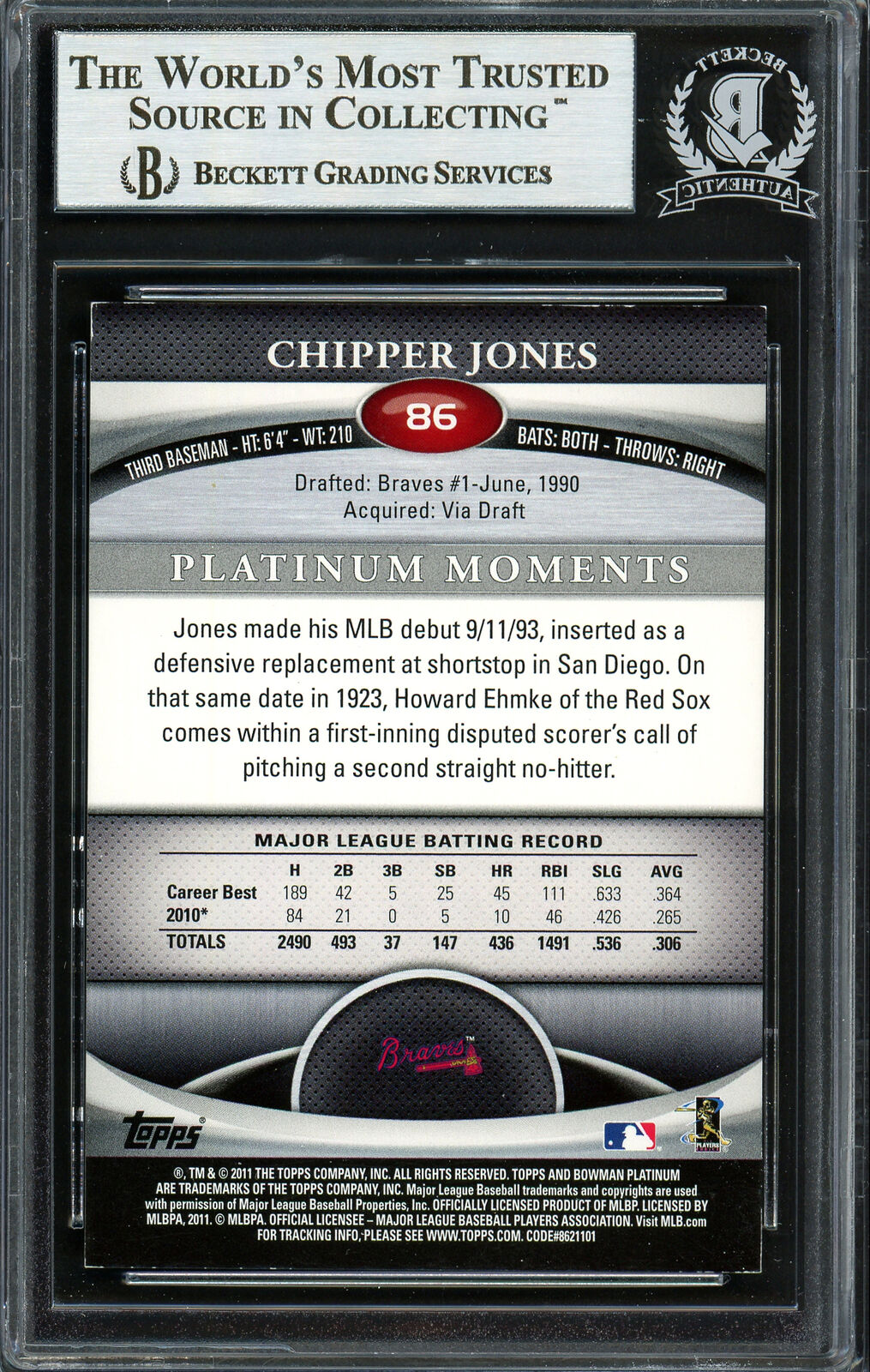 Chipper Jones Autographed 2011 Bowman Platinum Card #86 Braves Beckett 12750801 Image 2