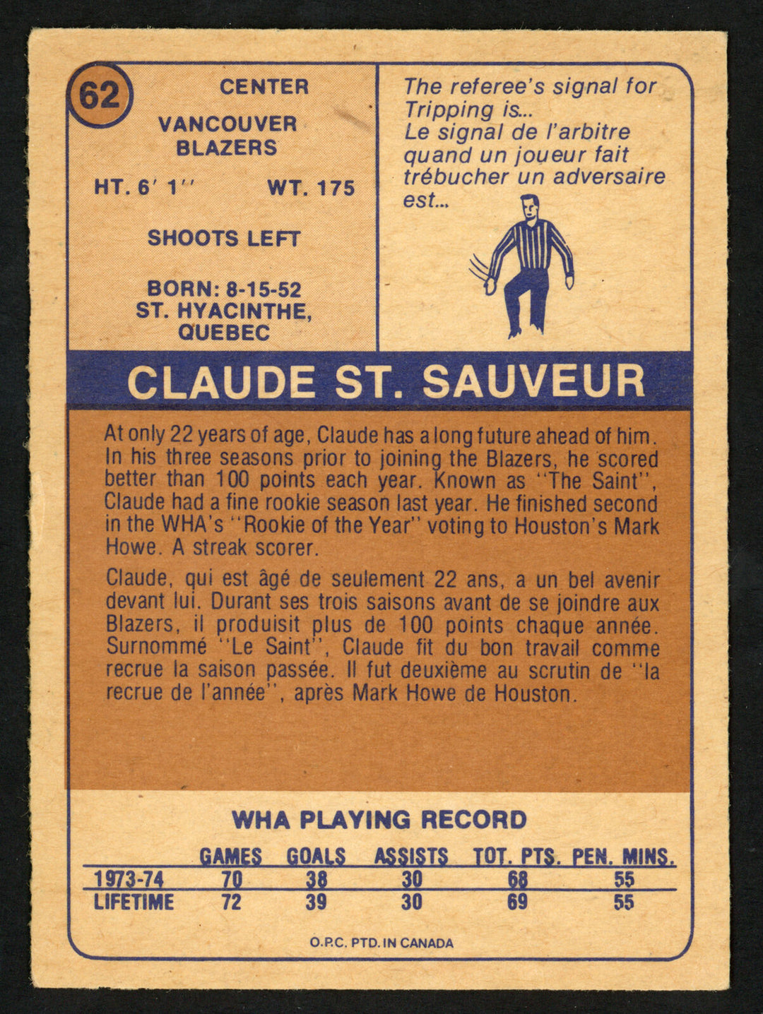 Claude St. Sauveur Autographed 1974-75 WHA OPC Card Vancouver Blazers 151920 Image 3
