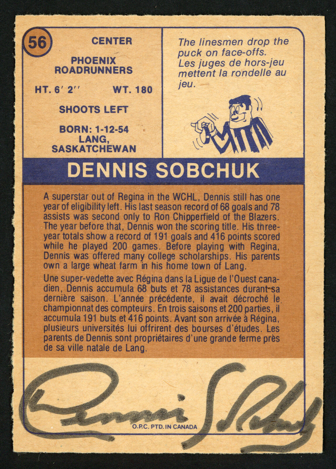 Dennis Sobchuk Autographed 1974-75 WHA OPC Card Phoenix Roadrunners 151919 Image 2