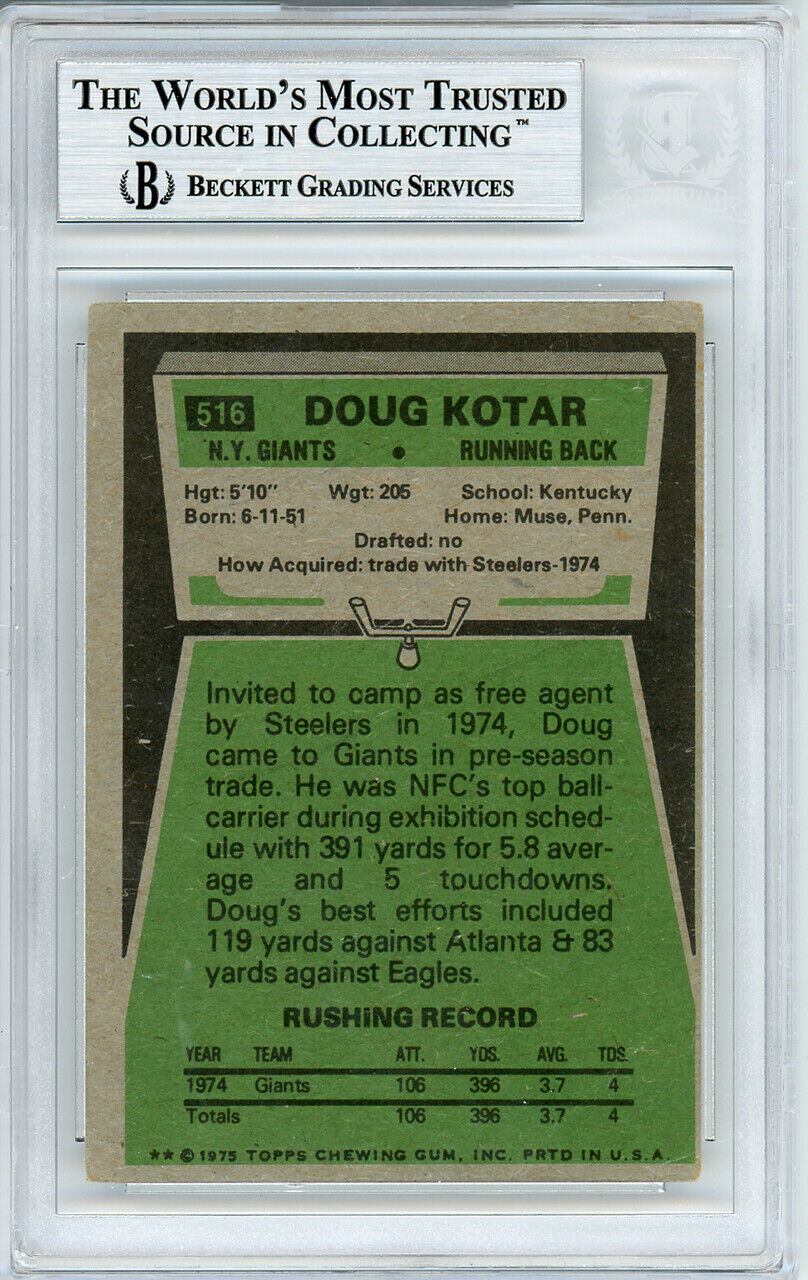Doug Kotar Autographed 1975 Topps Rookie Card #516 Giants Beckett 10540377 Image 3