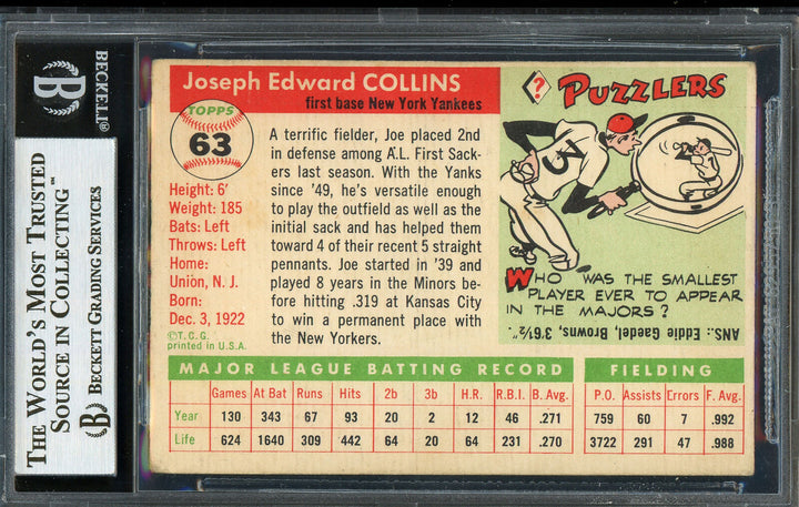 Joe Collins Autographed Signed 1955 Topps Card #63 Yankees Beckett 12750858 Image 4