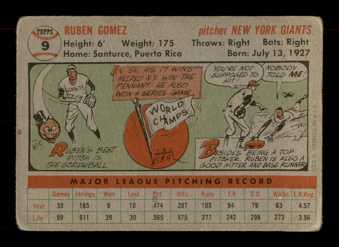 Ruben Gomez Autographed Signed 1956 Topps Card #9 New York Giants SKU #198397 Image 5