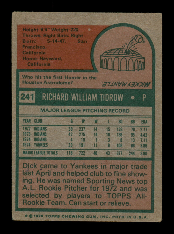 Dick Tidrow Autographed Signed 1975 Topps Card #241 New York Yankees SKU #204421 Image 2