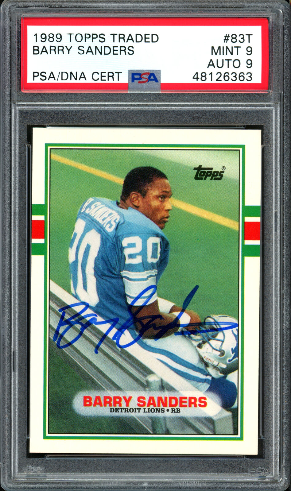 Barry Sanders 1989 Topps Traded Rookie Card Auto Grade 9 Mint 9 PSA/DNA 48126363 Image 1