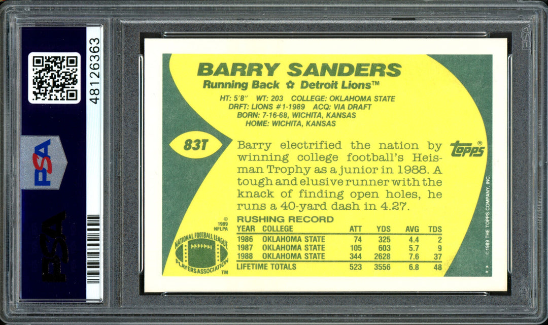 Barry Sanders 1989 Topps Traded Rookie Card Auto Grade 9 Mint 9 PSA/DNA 48126363 Image 2