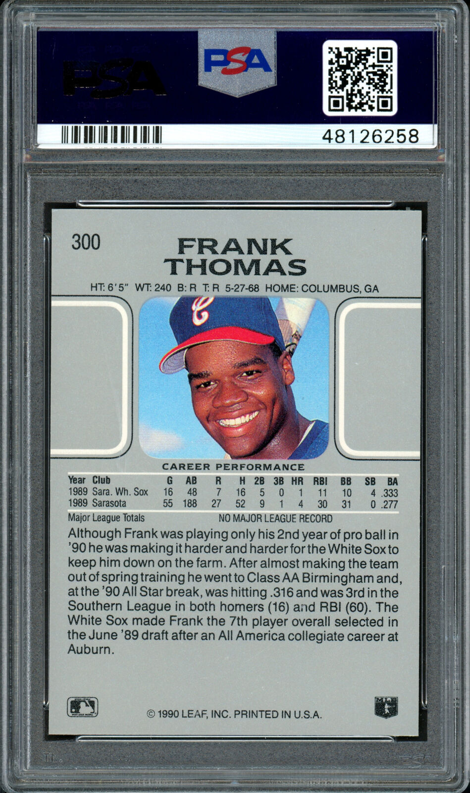 Frank Thomas 1990 Leaf Rookie Card Auto Grade 9 Gem-MT 10 PSA/DNA 48126258 Image 3