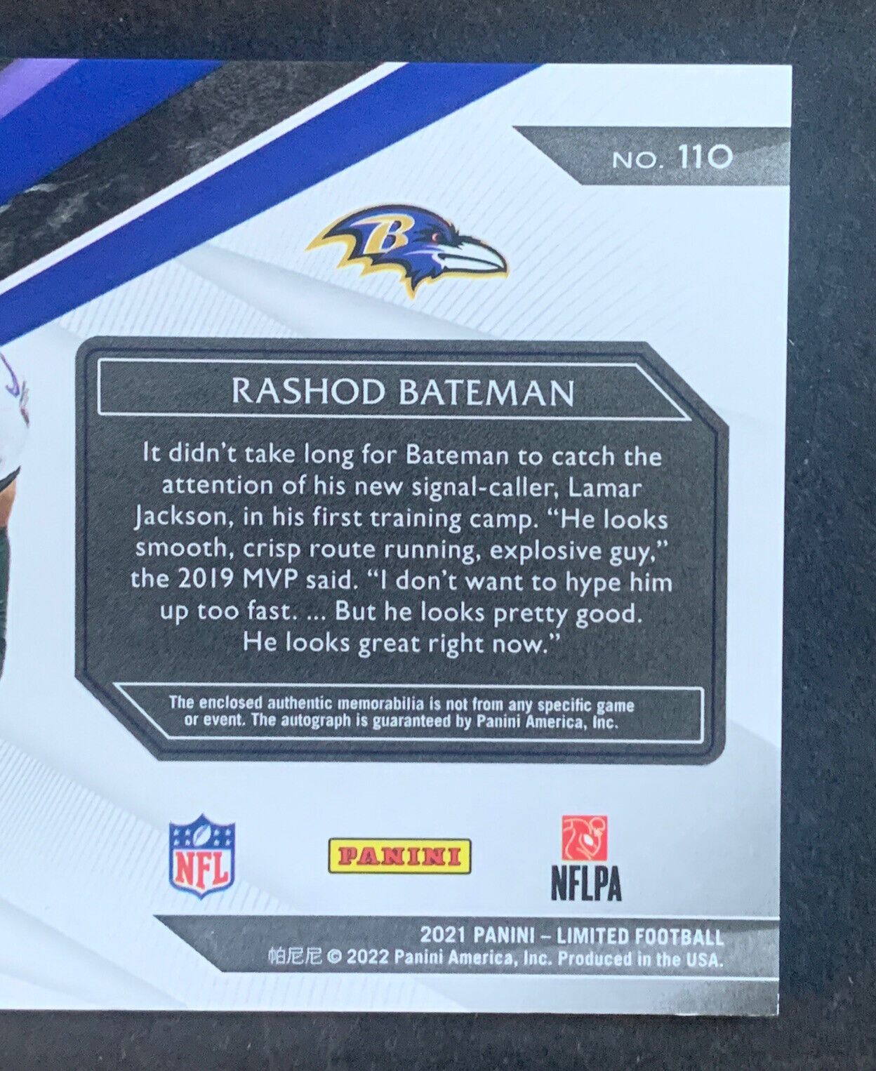 2021 Obsidian RASHOD BATEMAN #215 Rookie Jersey Patch Auto RPA SP #/150  Ravens