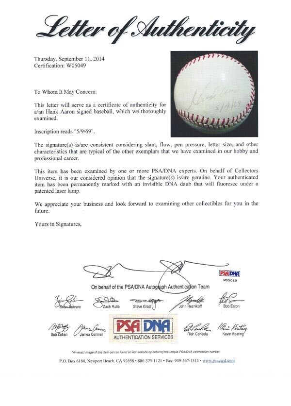 Hank Aaron Autographed Baseball Braves 5/9/69 Vintage Signature PSA/DNA #W05049 Image 7