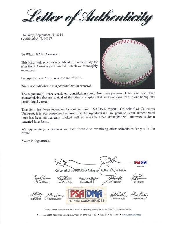 Hank Aaron Authentic Autographed Signed Padres Baseball "Best Wishes" PSA W05047 Image 6