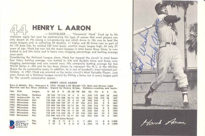 Hank Aaron Autographed 5x8 Magazine Page Photo Braves Vintage Beckett COA D12767 Image 1
