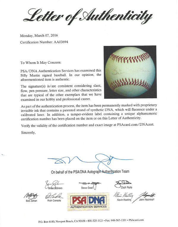 Billy Martin Autographed Official AL Baseball New York Yankees PSA/DNA #AA03694 Image 5