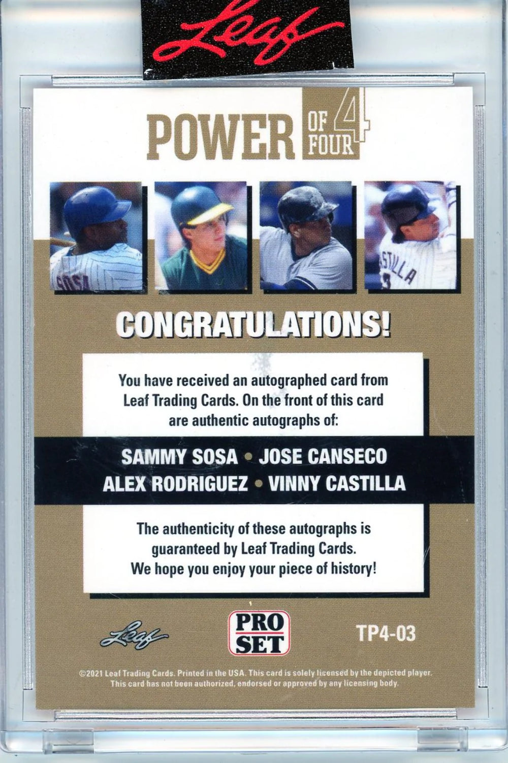 Sammy Sosa, Jose Canseco, Alex Rodriguez & Vinny Castilla Autographed 2021 Leaf Image 3