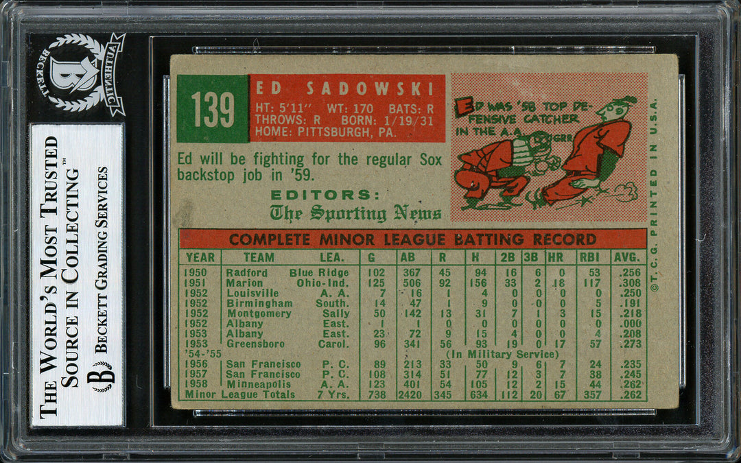 Ed Sadowski Autographed 1959 Topps Rookie Card #139 Red Sox Beckett 12305952 Image 2