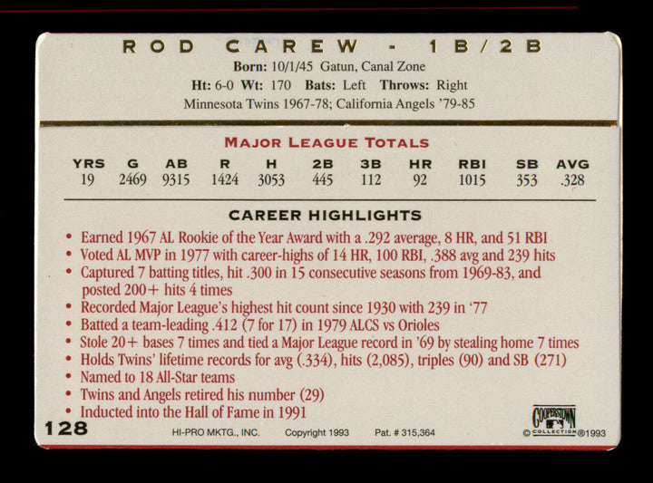 Rod Carew Autographed Signed 1993 Action Packed Card #128 Minnesota Twins 186749 Image 2