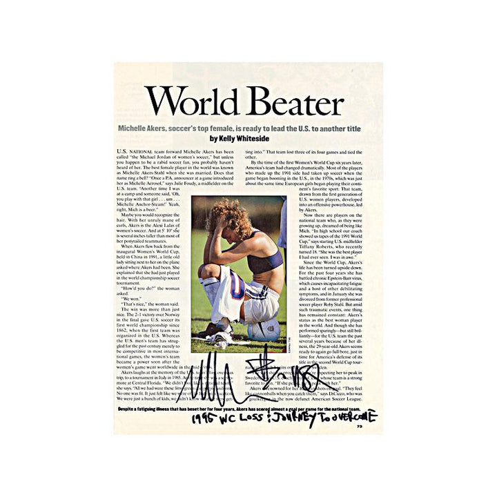 Michelle Akers Autographed and Insc. "1995 WC Loss & Journey To Overcome" Magazine Page
