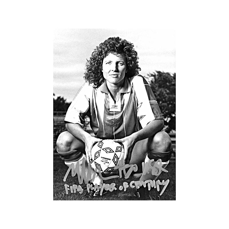Michelle Akers Autographed and Insc. "Player of the Century" Black and White 8x10 Photo