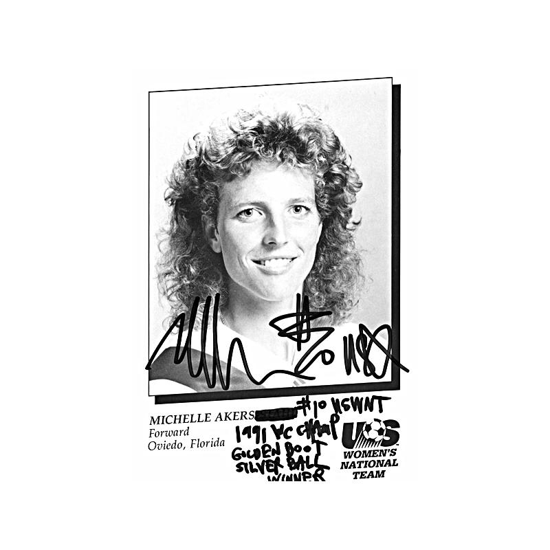 Michelle Akers Autographed and Insc. "1991 WC Champ, Golden Boot, Silver Ball, Winner" 5x7 Headshot