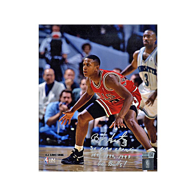 BJ Armstrong Chicago Bulls Autographed & Inscr. "3x NBA Champion - 1991, 1992, 1993 - Go Bulls" Defense 8x10 Photo (CX Auth)