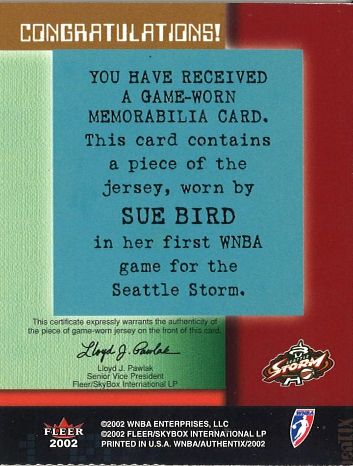 Sue Bird Autographed Game Worn Seattle Storm Debut Jersey Card (Sue Bird LOA)