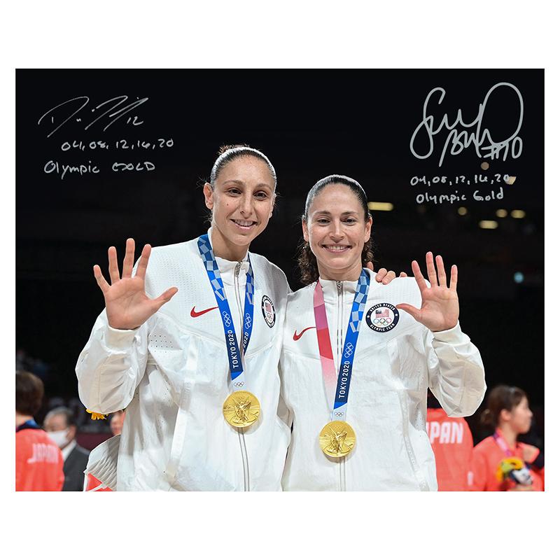 Sue Bird and Diana Taurasi Dual Autographed & Inscribed 04, 08, 12, 16, 20 Olympic Gold 16x20 Photo