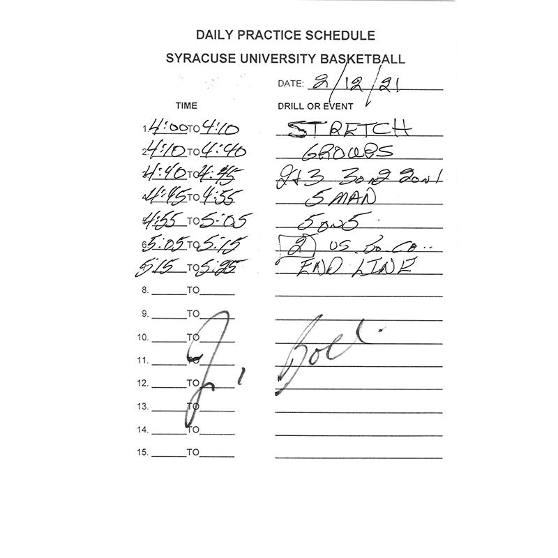 Jim Boeheim Autographed Practice Schedule 2/12/21