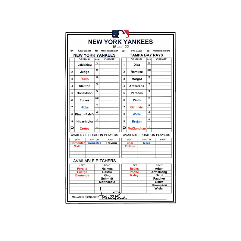 Aaron Boone New York Yankees Autographed June 15, 2022 Pregame Manager Lineup Card vs. Tampa Bay