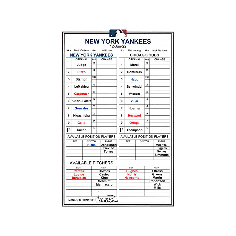 Aaron Boone New York Yankees Autographed June 12, 2022 Pregame Manager Lineup Card vs. Chicago Cubs