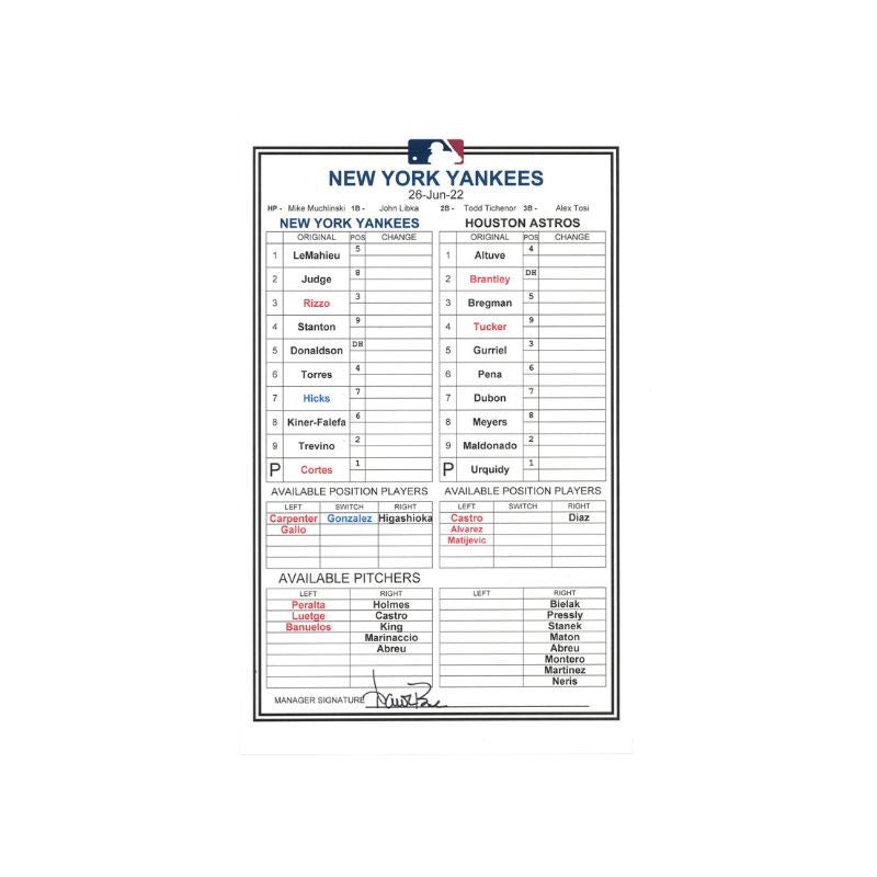 Aaron Boone New York Yankees Autographed June 26, 2022 Pregame Manager Lineup Card vs. Houston Astros (Boone LOA)