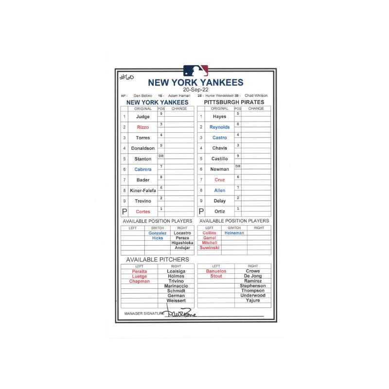 Aaron Boone New York Yankees Autographed September 20, 2022 Pregame Manager Lineup Card vs. Pittsburgh Pirates (Judge's 60th HR of Season - Notated on Card) (Boone LOA)