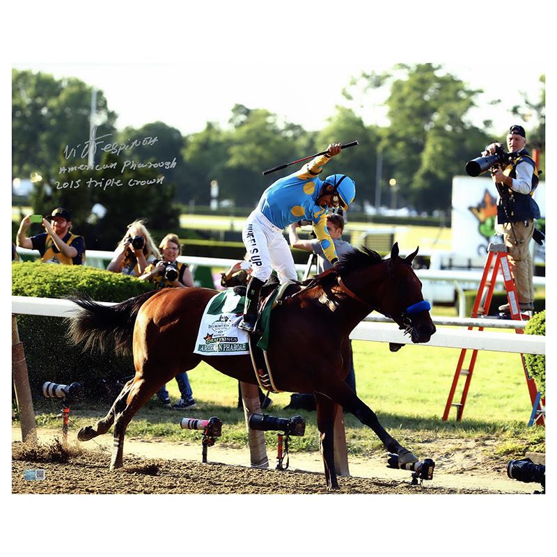 Victor Espinoza Autographed & Inscr "American Pharoah 2015 Triple Crown" 2015 Belmont Stakes 16x20 Photograph (CX Auth)
